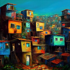 Colorful and vibrant overpopulated favela shantytown and the interesting architecture of stacked multi storey square houses and shops. Digital oil painting art.   