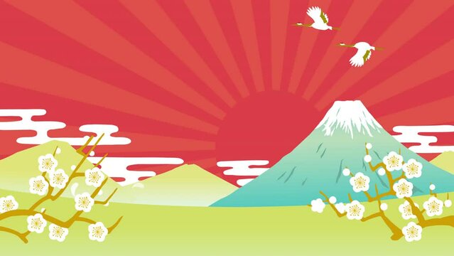 お正月動画　富士山とツル