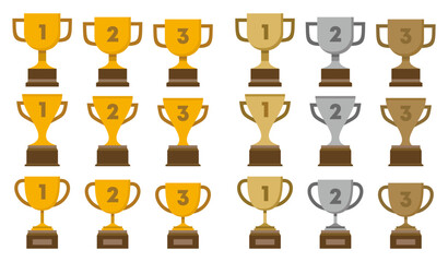 Collection of trophies for first, second and third place winners with different heights. Comes with gold, silver and bronze colors.