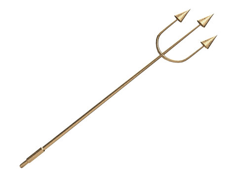 Isolated Trident in Golden Metal on White Background, 3d Render Illustration