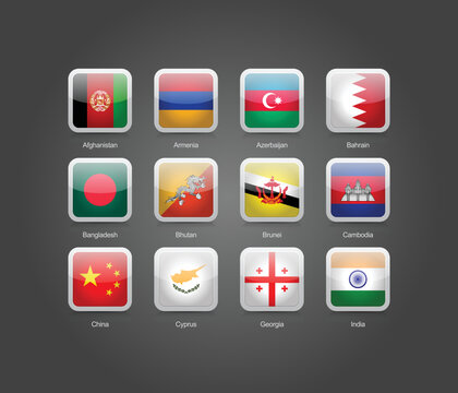 3D rectangular and round glossy design flag icons for Asian countries. Vector illustration.