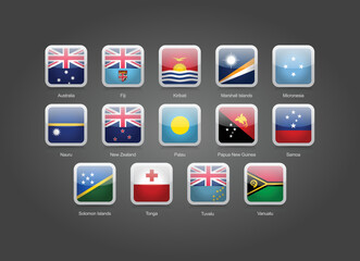 3D rectangular and round glossy design flag icons for Australia and Oceania countries. Vector illustration.