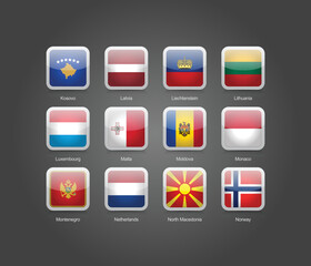 3D rectangular and round glossy design flag icons for Europe countries. Vector illustration.