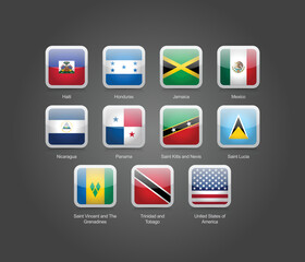 3D rectangular and round glossy design flag icons for North American countries. Vector illustration.