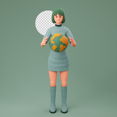 3d cartoon illustration cute girl with globe maps in her hand
