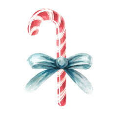 red lollipop with a blue bow. Watercolor illustration. Isolate