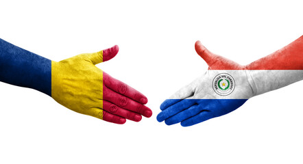 Handshake between Paraguay and Chad flags painted on hands, isolated transparent image.