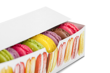 Macaroons dessert gift,traditional french colorful macaroons in a rows in a box