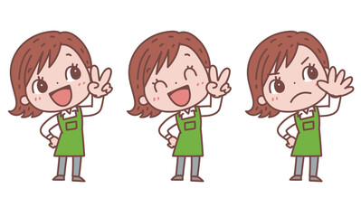 ピースサインをする女性_表情バリエーションセット