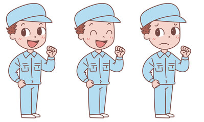 ガッツポーズの作業着の男性_表情バリエーションセット