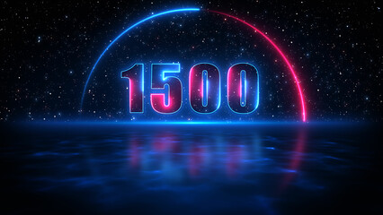 Futuristic Blue Red Shine Number 1500 In Half Circle Lines Neon Sign With Light Reflection On Blue Water Surface Starry Night Sky