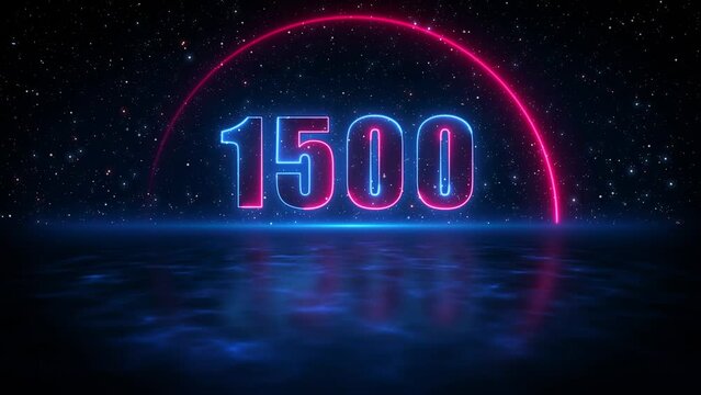 Futuristic Motion Blue Red Shine Number 1500 In Half Circle Lines Neon Sign With Light Reflection On Blue Water Surface Starry Night Sky Seamless Loop
