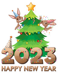 Happy New Year text with cute rabbit for banner design