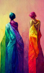 Abstract illustration of two women in rainbow colored dresses and pink background promoting LGBTQ values, copy space, illustration