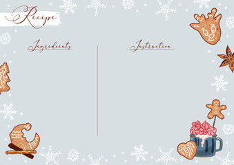 Christmas holiday baking recipe template with hot cocoa and gingerbred cookies. Copy space for ingredients and instructions. Vector illustration.