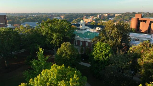 University of Georgia UGA academic building. Historic architecture on campus. Aerial view.