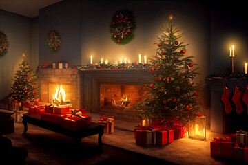 Christmas, New Year interior with magic glowing tree, fireplace and gifts in vintage style. Christmas and New Year holidays background.	