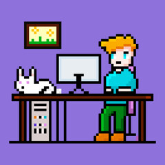 Pixel working on pc character, cute rabbit on desk