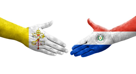 Handshake between Paraguay and Holy See flags painted on hands, isolated transparent image.