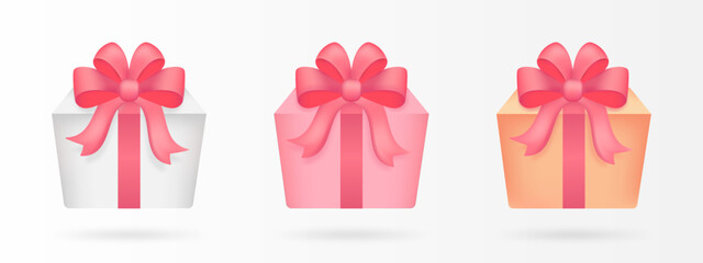 White, red and yellow gift box with red ribbon. 3d vector icons set.