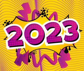2023. Number written with Children's font in cartoon style.