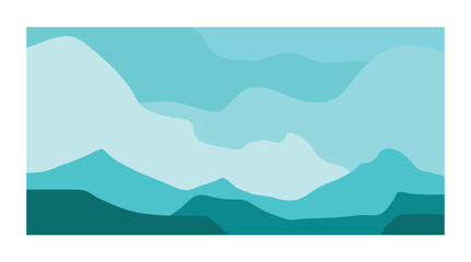 minimalist poster art of landscape mountain, beach, lake, sky, sun rice, sunset, summer