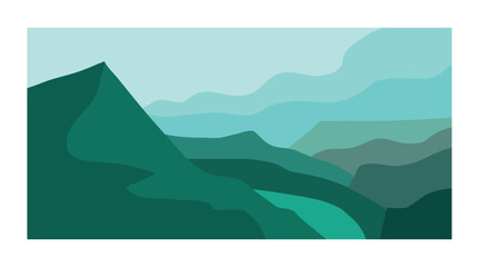 minimalist poster art of landscape mountain, beach, lake, sky, sun rice, sunset, summer