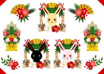 正面兎と結び目下しめ飾りの卯年アイコンセット