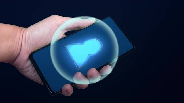 man hand holding phone with icon video conference meeting with effect sound talk on black background