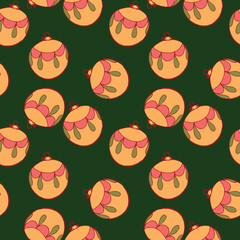 Christmas and Happy New Year seamless pattern with Christmas balls and gifts. Trendy retro style. Vector design template.
