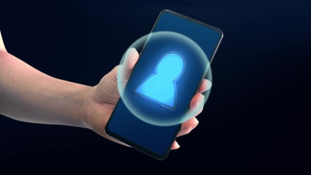 man hand holding phone with icon video conference meeting with effect sound talk on black background