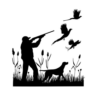 Hunter with dog aiming with rifle on pheasant. Outdoor hunting scene. Vector silhouette hunting isolated on white.