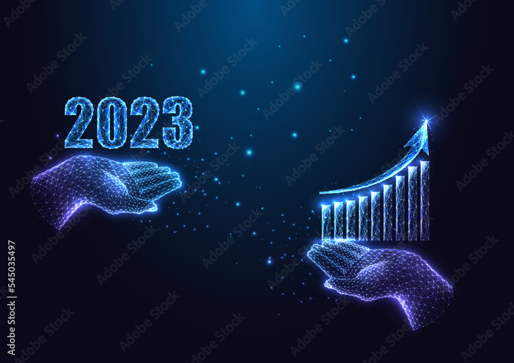 Sticker 2023 business growth planning, investment goals with hands holding 2023 digits and growth chart