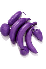 Concept ecology, fruits with nitrates, environmental pollution. Purple bananas, cucumber, avocado,...
