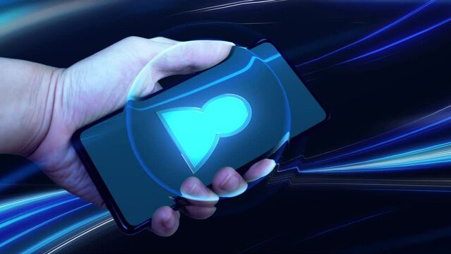 man hand holding phone with icon video conference meeting with effect sound talk on black background