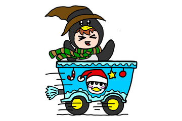 Adorable Child in Penguin Witch Costume Riding on Christmas Train