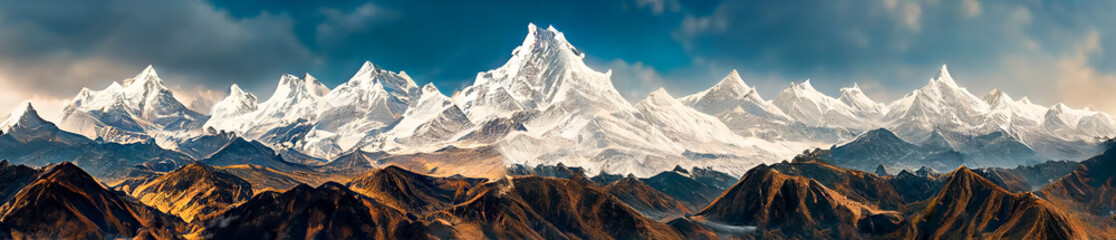 Panoramisch uitzicht op de bergen van de Himalaya, Mount Everest. Panoramisch uitzicht op de besneeuwde bergen in Upper Mustang, Annapurna Nature Reserve, Nepal.