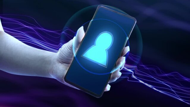 man hand holding phone with icon video conference meeting with effect sound talk on black background