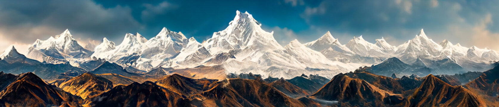 Panoramic view of himalayas mountains, Mount Everest. Panoramic view of the snowy mountains in Upper Mustang, Annapurna Nature Reserve, Nepal.  