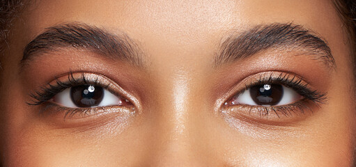 Beautiful female eyes with long eyelashes. Eyelash Extensions. Makeup, Cosmetics, Beauty. Close up, Macro - obrazy, fototapety, plakaty