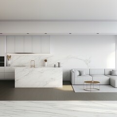 Modern, white minimalist interior with kitchen, sofa, wood floor, wall panels and marble kitchen island. 3d render illustration mock up.