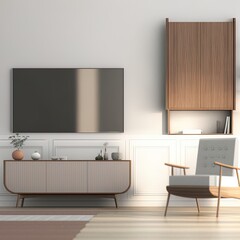 Fototapeta premium Cabinet tv in modern living room with armchair on white wall background.3d rendering