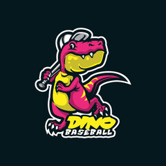 Dino mascot logo design with modern illustration concept style for badge, emblem and t shirt printing. Smart dino baseball illustration with stick in hand.