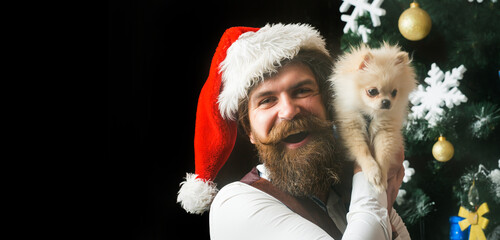 Close up portrait of a funny santa celebrate winter Christmas holidays hold puppy dog. Funny santa face.