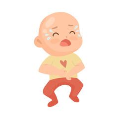 Cute newborn crying cartoon illustration. Sad infant with stomach cramps isolated on white background. Childhood, development, expression concept.
