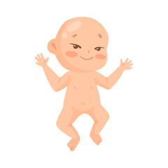 Cute newborn baby after bathing cartoon illustration. Happy infant without clothes isolated on white background. Childhood, development, expression concept.
