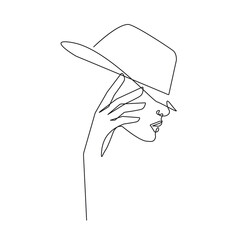 Elegant Woman Head in Hat Vector Abstract Line Art Drawing. Style Template with Female Face. Woman Face Modern Minimalist Simple Linear Style for Beauty Fashion Design