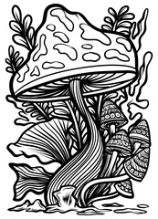 Mushroom line art and ink illustration background. Fungus details for adult coloring book. Black line drawing. For coloring book, poster, apparel, banner, background. Vector eps 10