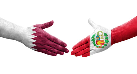 Handshake between Peru and Qatar flags painted on hands, isolated transparent image.