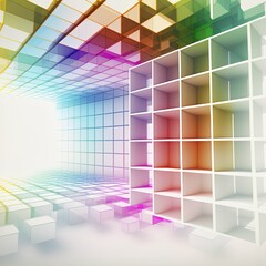 Abstract white and colored gradient glasses interior from array cubes with large window. 3D illustration and rendering.